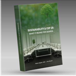 Mockup of the book "Sustainability & COP 28: What It Means for Boards" co-authored by Professor Fabian Ajogwu, OFR, SAN & Dr. Ona Newton